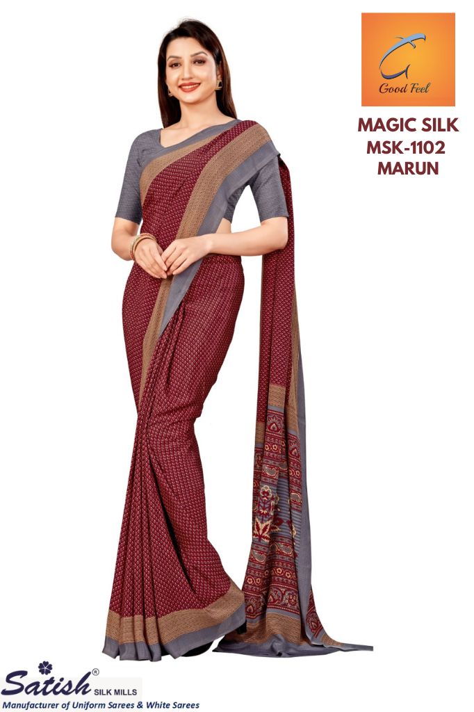 Crepe Silk MARUN Printed Uniform Saree – Satish Silk Mills