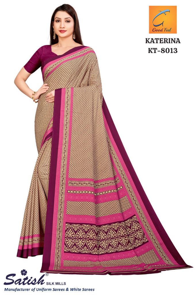 Calico Printed Pink Dull Crepe Uniform Sarees