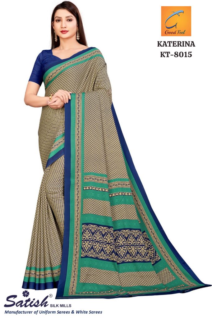 Calico Printed Blue Dull Crepe Uniform Sarees