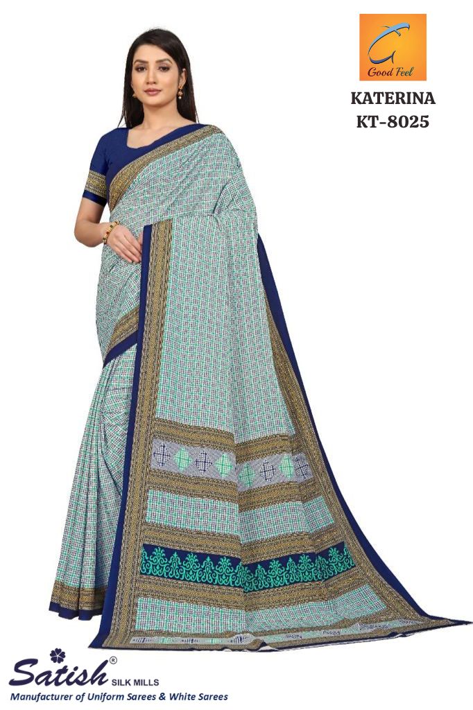 Blue Checks Printed Dull Crepe Uniform Sarees