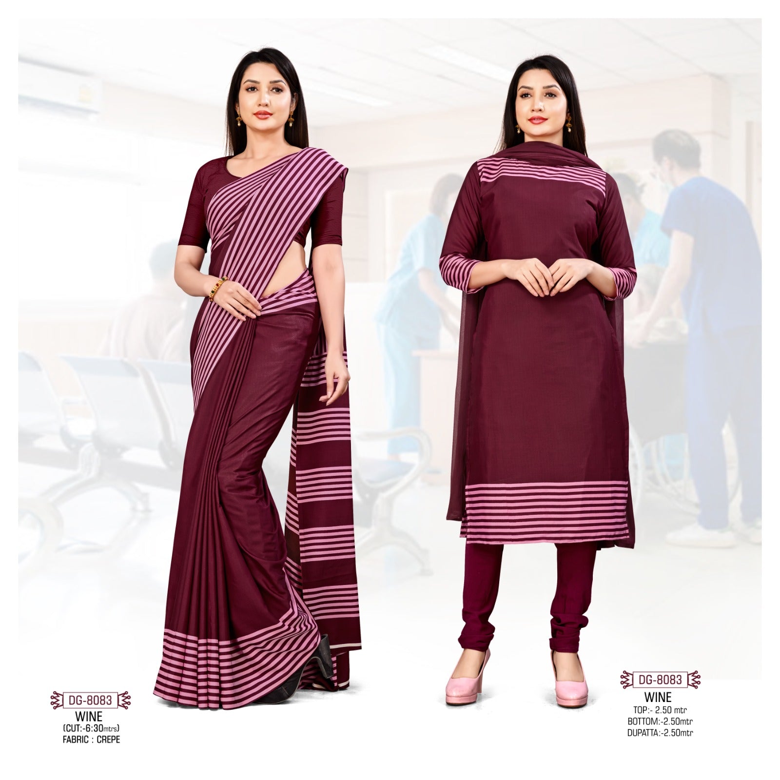 Plain Wine With Printed Border Crepe Uniform Saree Suit (DG-8083)