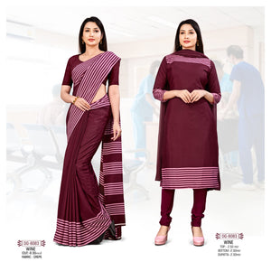 Plain Wine With Printed Border Crepe Uniform Saree Suit (DG-8083)