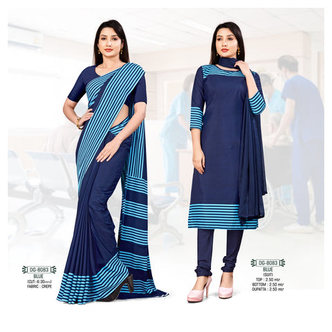 Plain Blue With Printed Border Crepe Uniform Saree Suit (DG-8083)