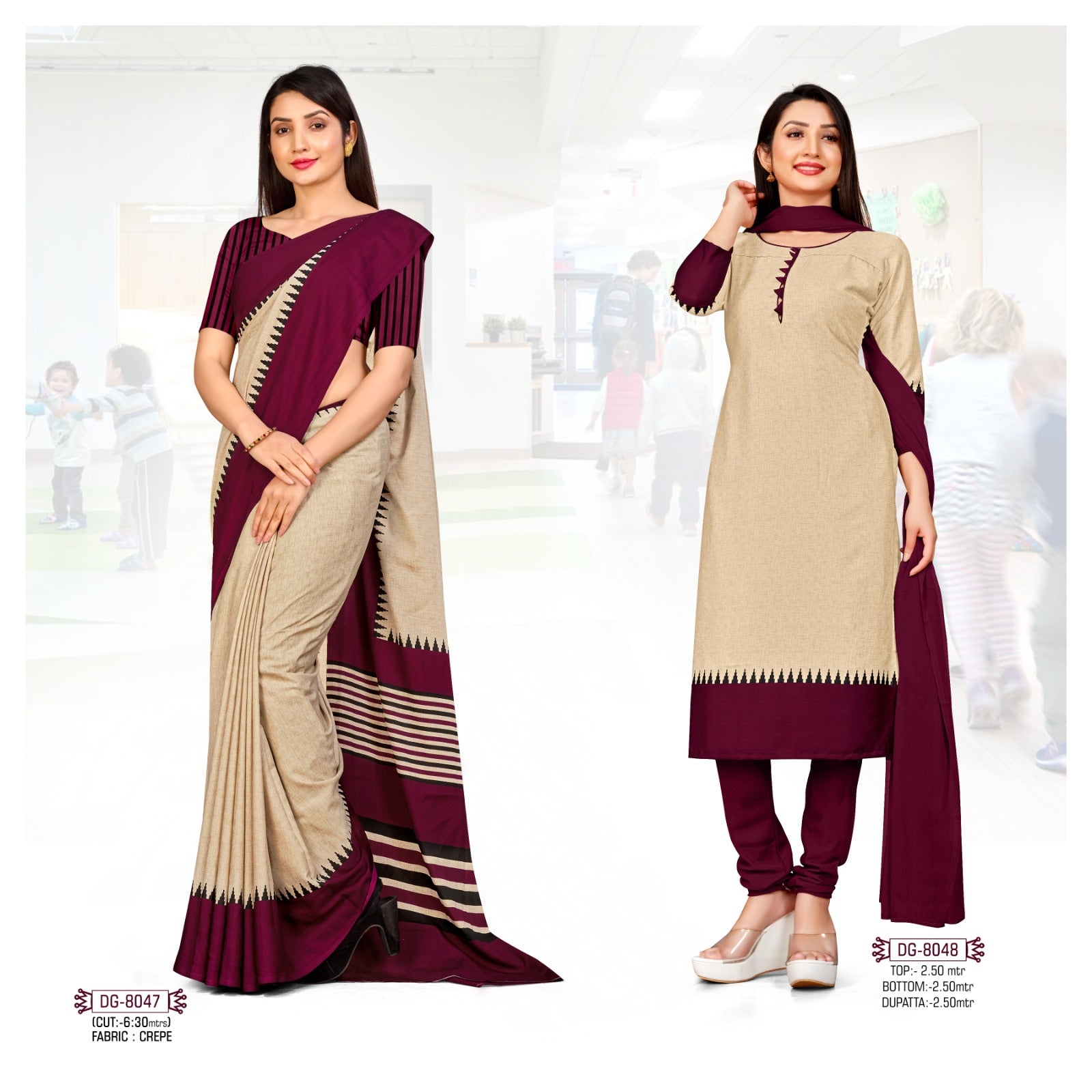 Wine Border Plain Uniform Crepe Saree Salwar Suit (Combo Uniform)