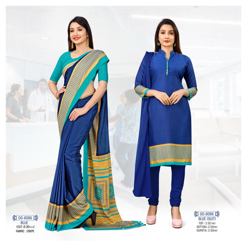 Blue Plain Printed Border Crepe Uniform Saree Suit For Teacher