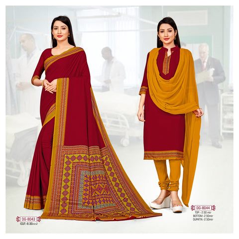 Plain Marun Crepe Uniform Saree & Dress Material (Uniform Combo)