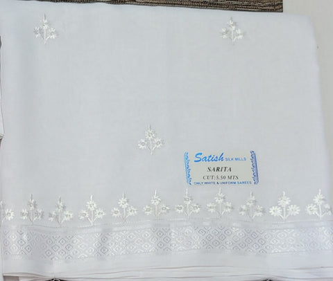White CHEKS BORDER Embroidered Chiffon Saree