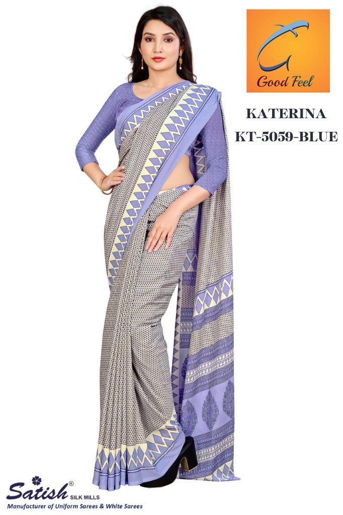 Blue Calico Printed Uniform Crepe Saree For Teacher