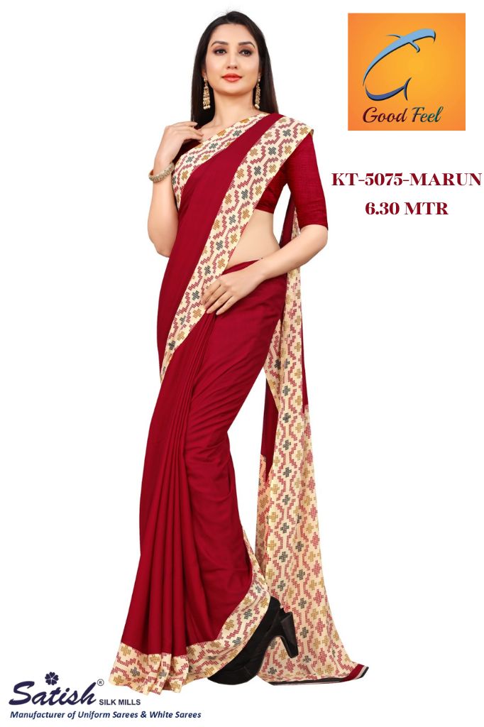 MARUN Color Plain Printed Crepe Uniform Saree