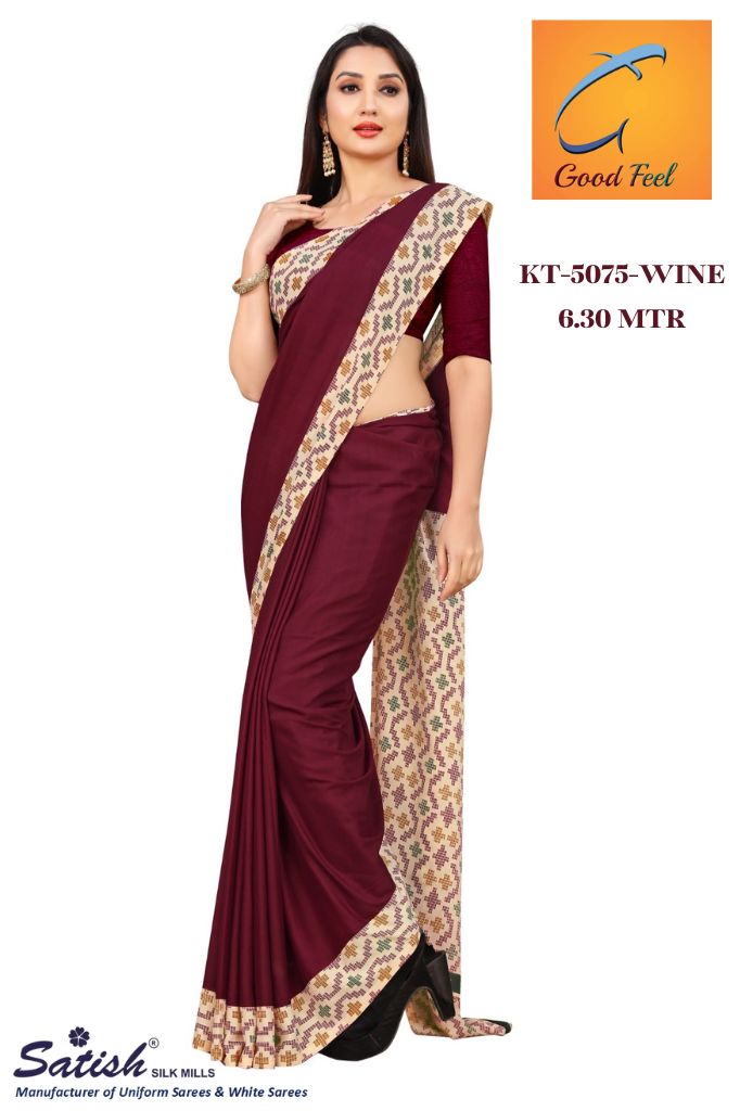 Wine Color Plain Printed Crepe Uniform Saree