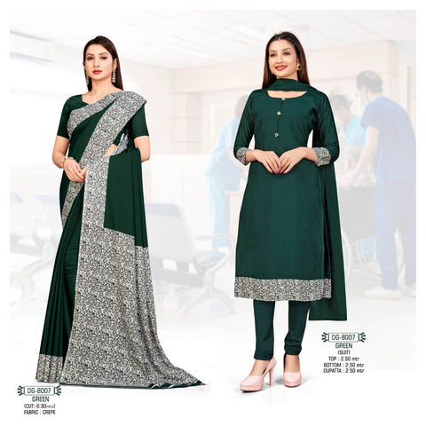 Plain GREEN Crepe Uniform Saree & Dress Material (Uniform Combo)