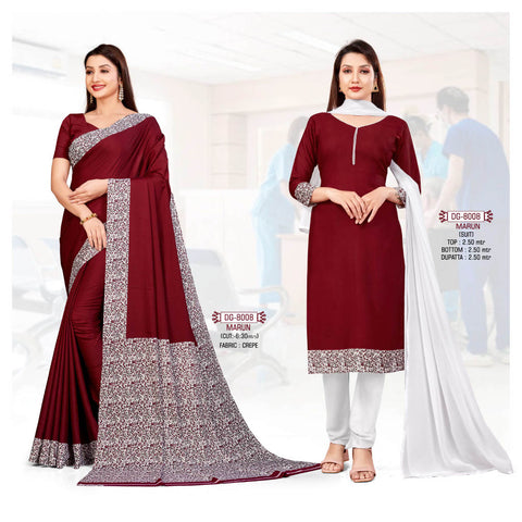 Plain MARUN Crepe Uniform Saree & Dress Material (Uniform Combo)