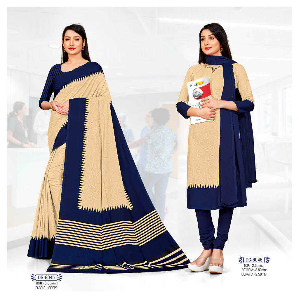 Blue Border Plain Uniform Crepe Saree Salwar Suit (Combo Uniform)