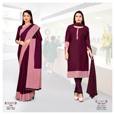 Plain Pink Chex Border Crepe Saree & Salwar Suit (Combo Uniform)