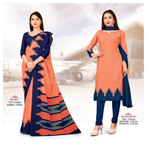 Pink Chex Blue Border Crepe Saree & Salwar Suit (Combo Uniform)