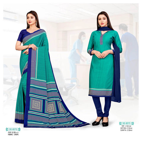 Plain Turquoise  Crepe Saree & Salwar Suit (Combo Uniform)