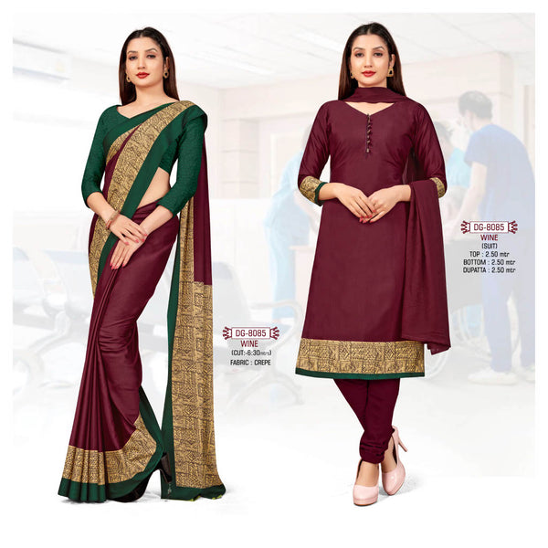 Beige Wine Women's Premium Manipuri Cotton Uniform Sarees Salwar Combo