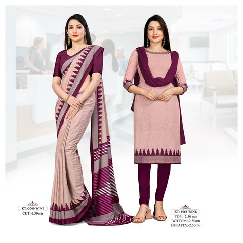 Plain Wine Matt Crepe Uniform Saree & Dress Material