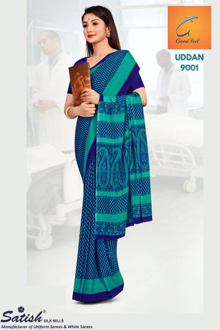 Calico Printed Blue Chiffon Uniform Sarees