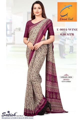 Wine Color Printed Chiffon Uniform Sarees