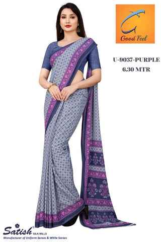 Purple Grey Chex Chiffon Printed Uniform Sarees