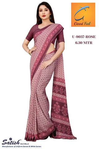 Rose Chex Chiffon Printed Uniform Sarees