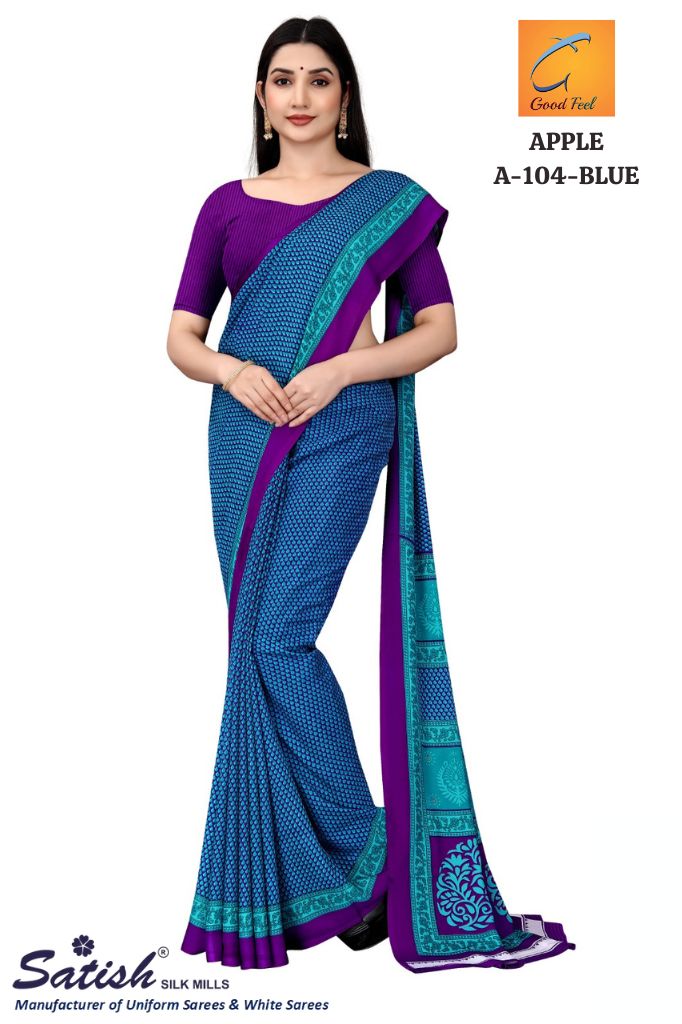 Small Print Blue Heavy Reniyal Uniform saree For Teacher
