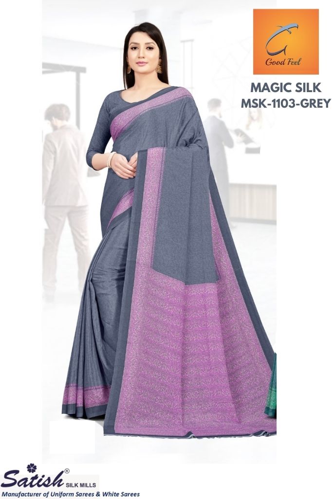 Designer Crepe Silk Grey Printed Uniform Saree