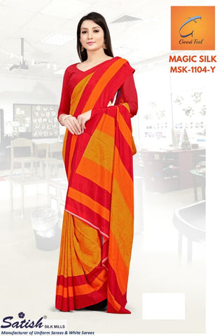 Yellow Crepe Silk Uniform Saree