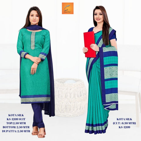 Plain Turquoise Kota Silk Uniform Saree And Dress Material (Combo)