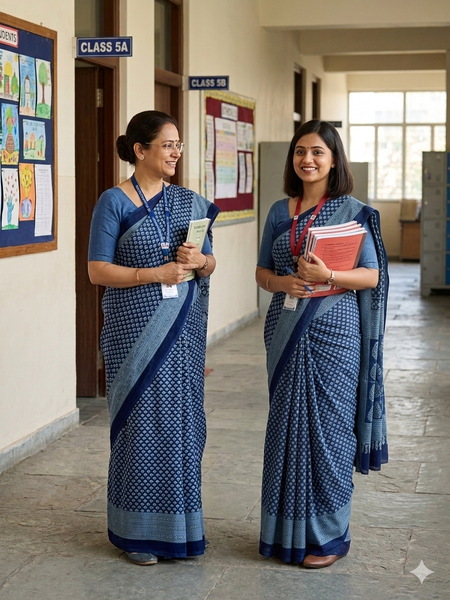 Calico Printed Blue Crepe Uniform Sarees