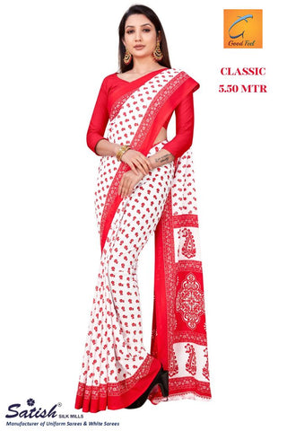 White & Red Printed Chiffon Saree