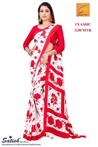 Red Flower Printed Chiffon Saree