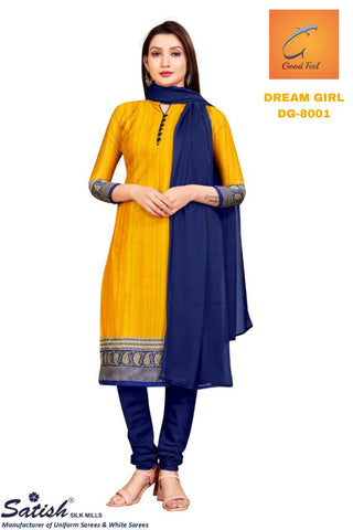 Plain Printed Border Yellow And Blue Crepe Uniform Salwar Suit With Dupatta for Teacher
