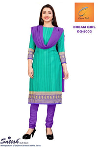 Plain Printed Border Turquoise And Purple Crepe Uniform Salwar Suit With Dupatta For Teacher