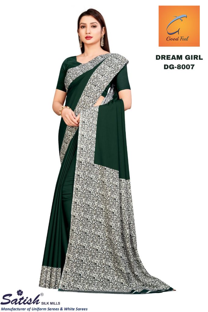 Plain Printed Border Dark Green Crepe Uniform Saree