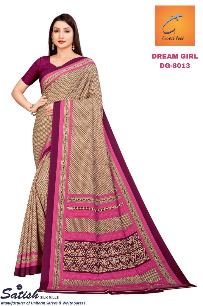 Calico Printed Pink Crepe Uniform Sarees