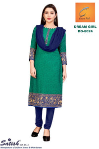 Plain Printed Border Turquoise Crepe Uniform Salwar Suit With Dupatta for Teacher
