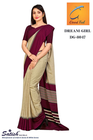 Wine Border Plain Crepe Uniform Saree