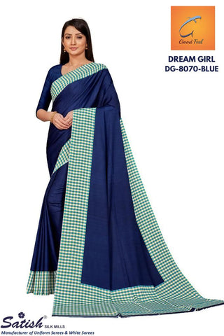 Plain Blue Chex Border Crepe Uniform Saree