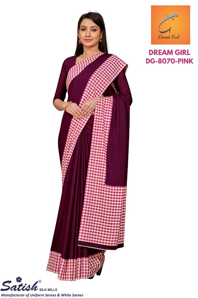 Plain Pink Chex Printed Border Crepe Uniform Saree