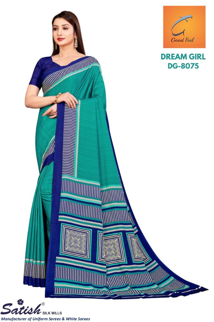 Plain Turquoise Color With Printed Border Crepe Teacher Uniform Saree