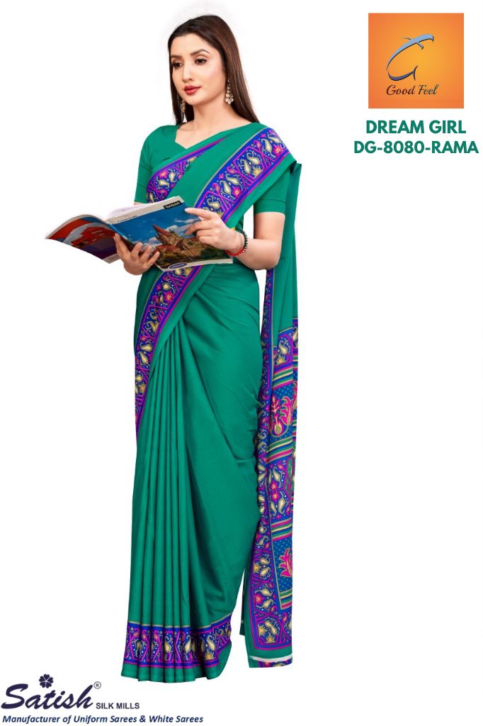 Rama Plain With Printed Border Crepe Uniform Saree