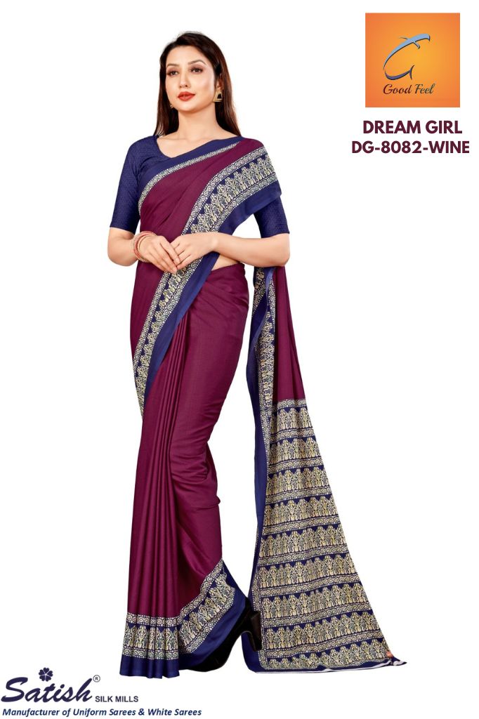 Plain Wine Printed Blue Border Crepe Uniform Saree