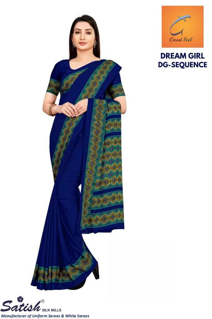 Plain Blue Sequence Printed Crepe Uniform Saree