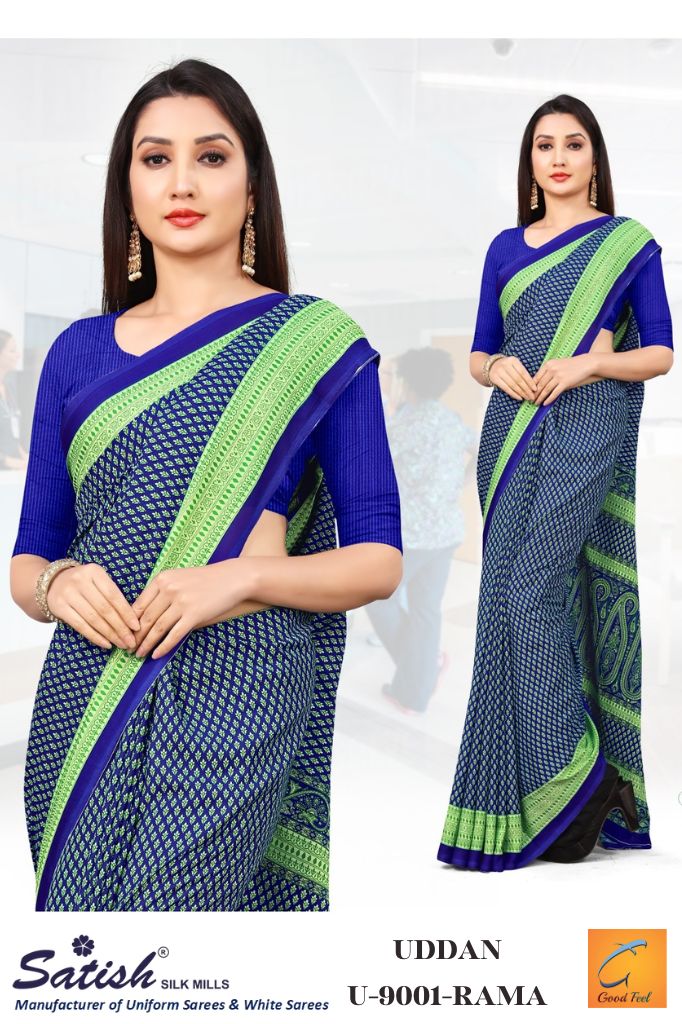 Calico Printed Rama Chiffon Uniform Sarees