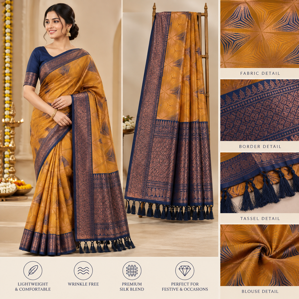 Kalyani Mustard Gold Navy Blue Silk Blend Saree