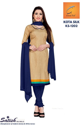 Beige and Blue Border Checks Printed Kota Silk Uniform Dress Material