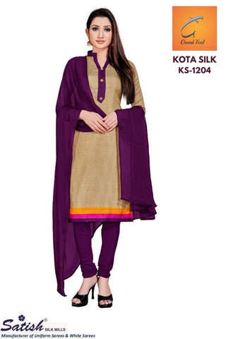 Beige and Purple Border Checks Printed Kota Silk Uniform Dress Material