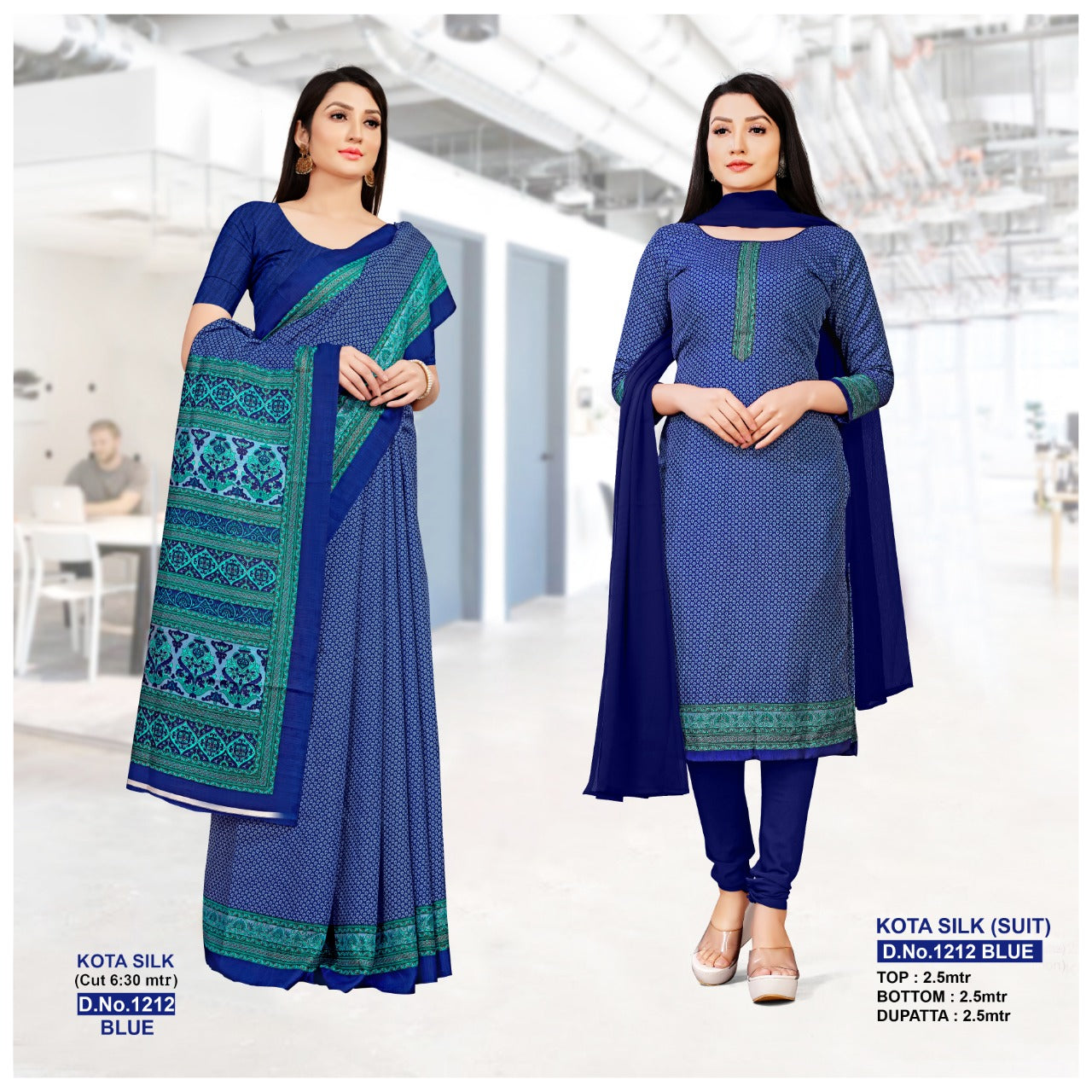 BLUE Calico Printed Kota Silk Uniform Saree And Dress Material (Combo)